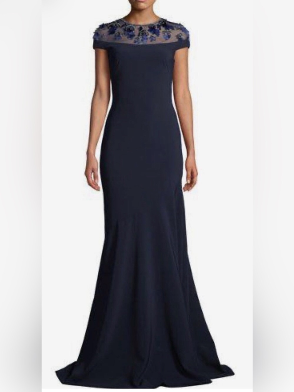 THEIA Navy Blue Cap Sleeve Embellished Illusion Dress Yoke Mermaid Gown size 8 - Picture 3 of 8